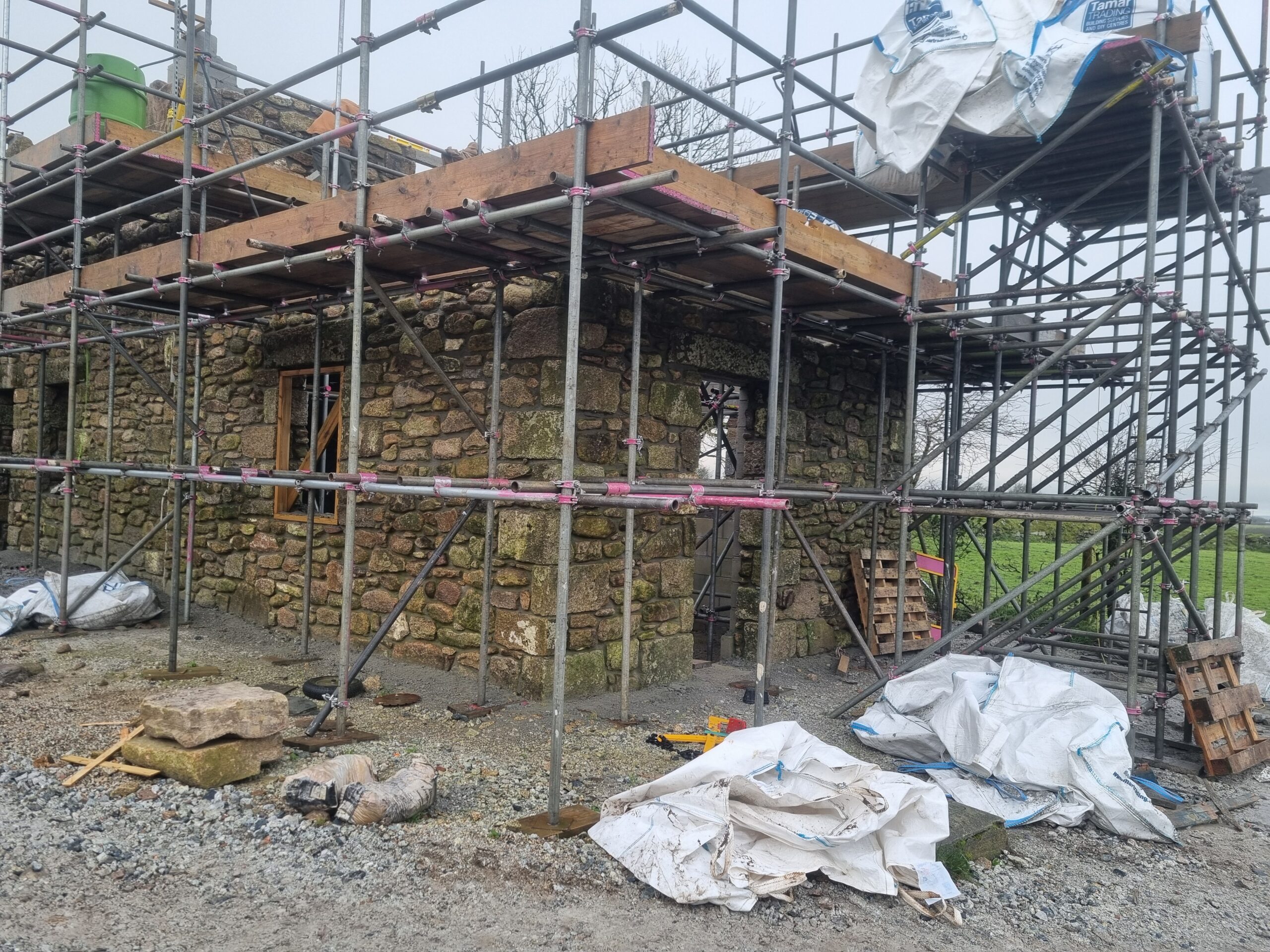 Traditional restoration work with scaffolding carried out by bartlett construction in West Cornwall
